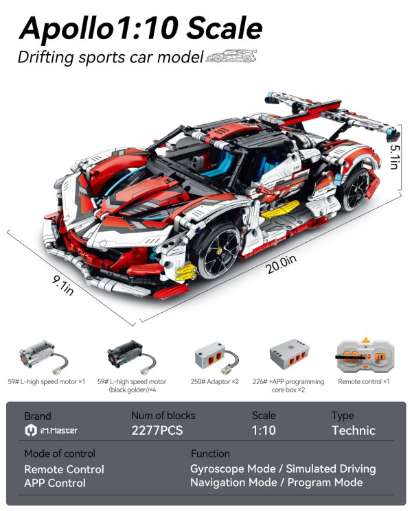 1: 10 Apollo MOC Building Kit, Remote Control Drift, Electric gullwing doors, 2732 Pcs - Image 6