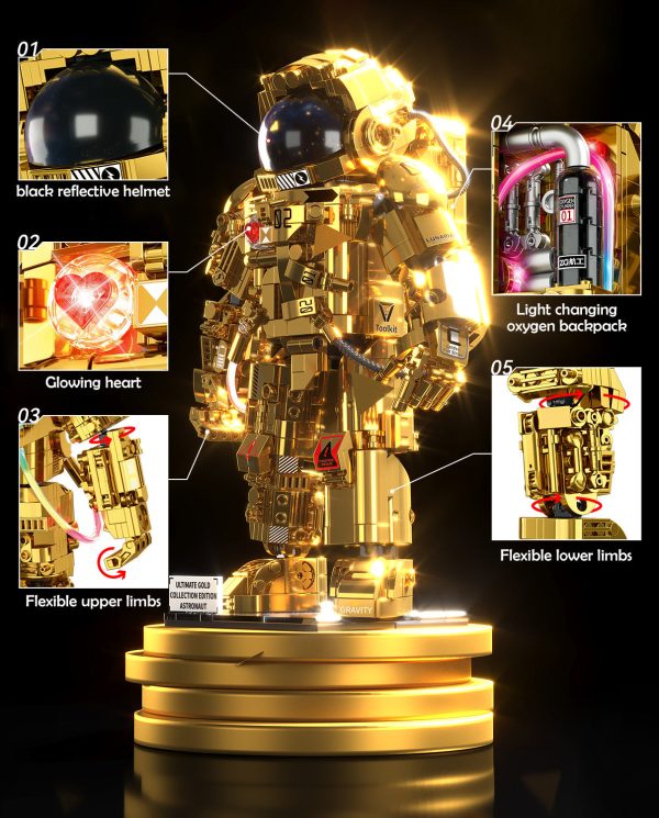 Gold Astronaut Building Sets with Variable Light Blocks, Space Exploration Model with Display Stand - Image 3