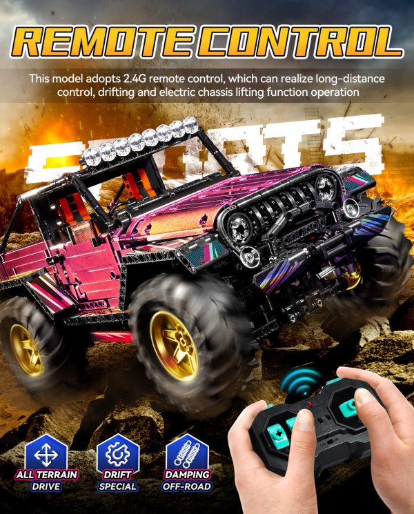 Jeep Wrangler Plated Off-Road Pickup with Electric Chassis Lifting, 1:10 MOC Remote Control Truck, 2088 Pcs - Image 2