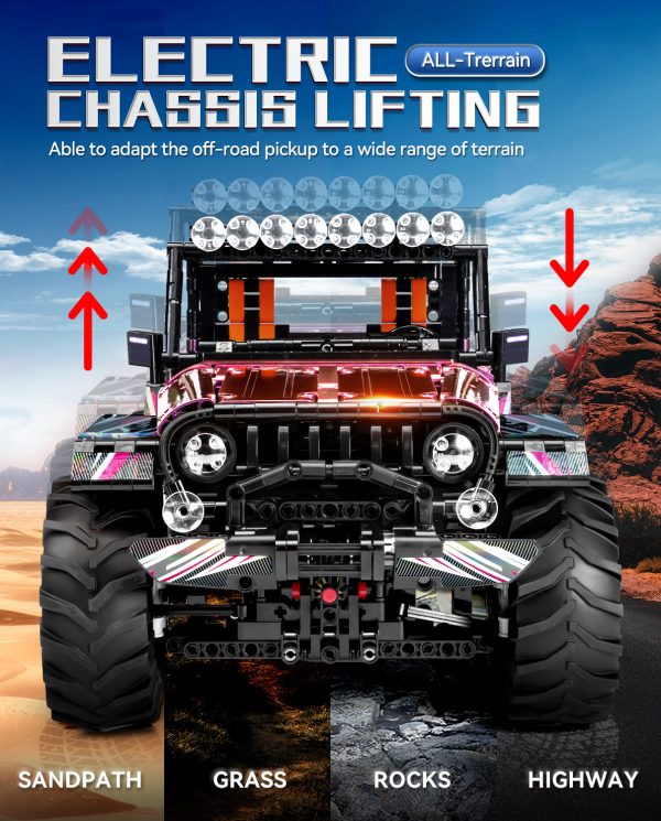 Jeep Wrangler Plated Off-Road Pickup with Electric Chassis Lifting, 1:10 MOC Remote Control Truck, 2088 Pcs - Image 3