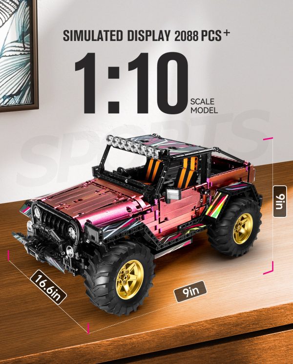 Jeep Wrangler Plated Off-Road Pickup with Electric Chassis Lifting, 1:10 MOC Remote Control Truck, 2088 Pcs - Image 6