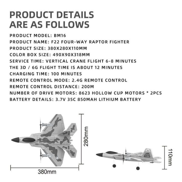 Fixed Wing 2.4G 4 Channel Kid Boy Gift BM16 for F22 Raptor RC Glider Plane Toy EPP Foam Remote Control Airplane - Image 9
